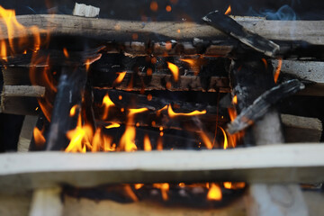Close-Up Firewood Burning with Flames and Smoke in Outdoor Campfire