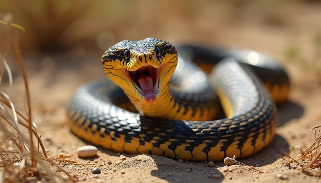 Caspian Cobra in defensive posture, mouth open, showing fangs. Yellow, black patterned reptile coiled on dry sandy ground. Wildlife, nature photography focusing on dangerous desert snake behavior.