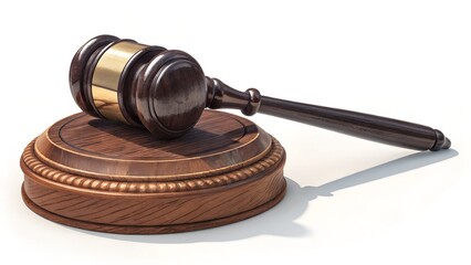 Wooden gavel and sound block used in court isolated on white background