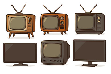 Evolution of television sets. Collection of vintage, retro and modern TV models. Old classic wood television and new flat screen monitor. Vector cartoon illustration design element.