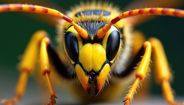 Extreme close-up macro photograph of yellow jacket wasp face. Detailed view of black compound eyes, yellow mandibles, striped antennae. Fine hairs visible on segmented legs, body. Sharp focus