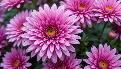 A stunning, close-up view of a vibrant pink chrysanthemum flower, its delicate petals blooming beautifully in a summer garden