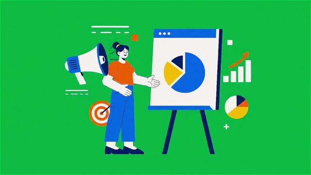 Cartoon Illustration of Woman Presenting Information on Whiteboard