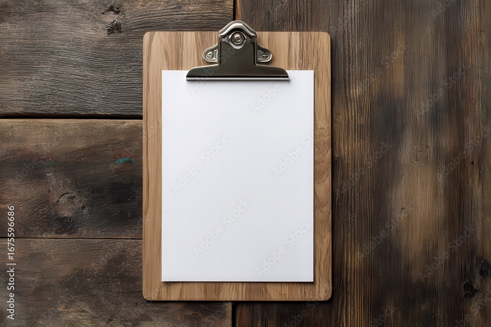 Poster wooden clipboard with blank paper resting on a rustic wooden surface ready for notes or sketches in 