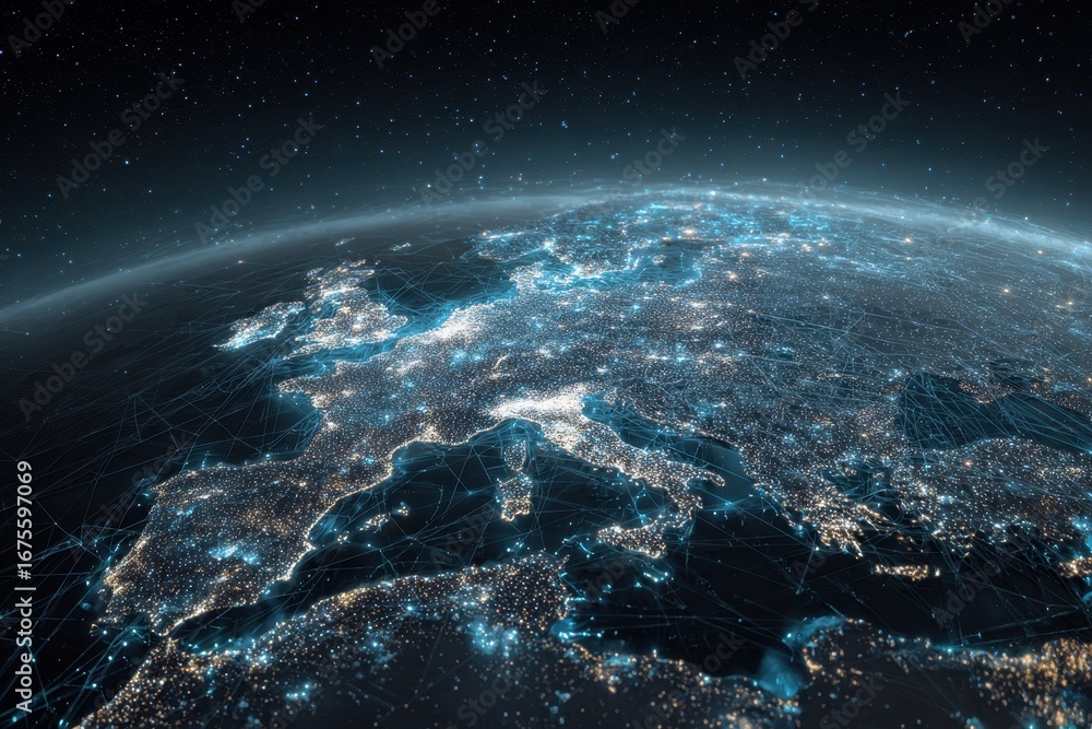 Poster global data visualization showcasing europe illuminated with interconnected networks at night, exhib