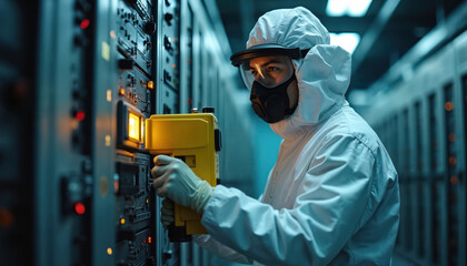 Radiation detection specialist wears protective suit and mask, using Geiger counter in nuclear facility. Measuring radiation levels and safety data on control panel equipment.