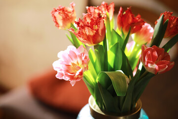 Tulip flowers close-up in a vase. Mothers Day.