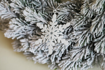 Frosted Pine Branch with Snowflake Ornament - Winter Holiday Decorations