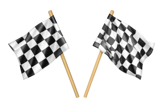 Collection of waving and crossed black checkered flags representing motorsport excitement and competition at an outdoor event
