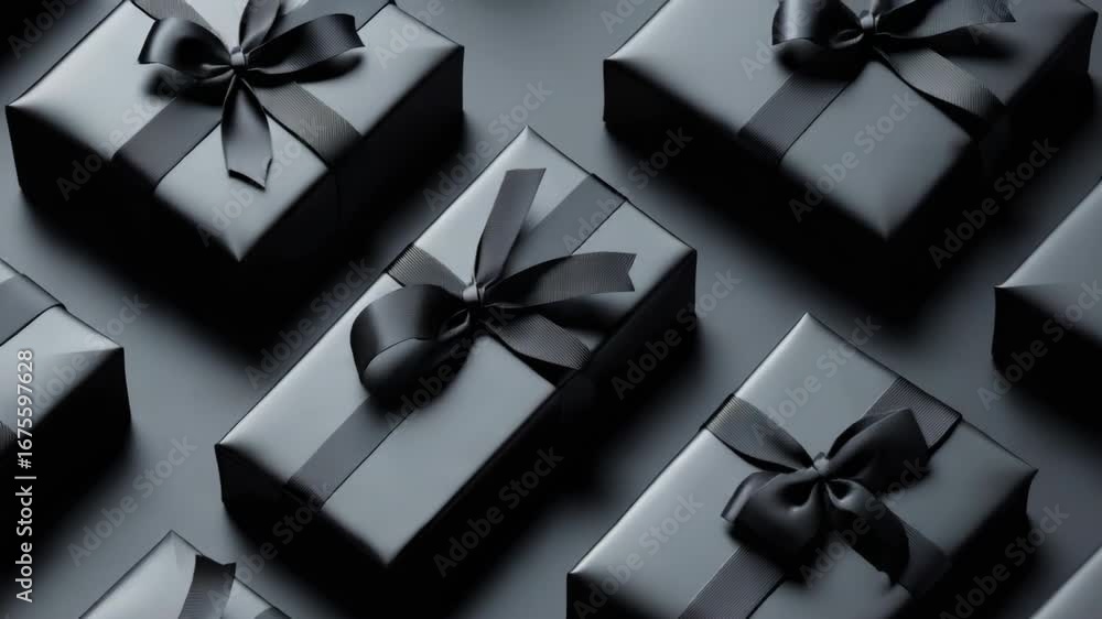 Poster a row of black boxes with black ribbons tied around them. the boxes are all the same size and shape