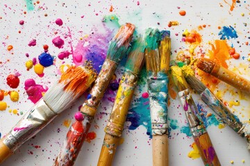 Fototapeta premium Bright paint brushes scattered among vibrant colorful splashes create a lively artistic flatlay filled with creativity and inspiration in a bright workspace