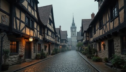 Charming cobblestone street lined with historic half-timbered houses, distant church steeple creates picturesque medieval European town scene. Ancient architecture with ornate facades offers glimpse