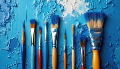Collection of paintbrushes resting on textured blue paint surface. Various brush sizes with blue, white, textured paint smears on bristles, metal ferrules. Wooden handles in different colors,