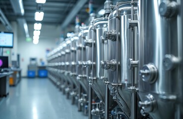 Naklejka premium Row of sleek stainless steel bioreactors in modern biotech facility. Advanced vessels used for fermentation, cultivation, manufacturing in biopharma, medical research. Sterile, shiny equipment