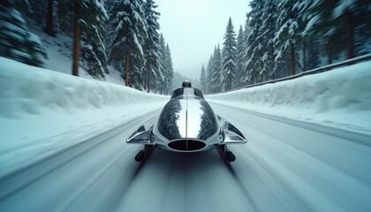 Sleek bobsled races on icy winter track through snowy forest. Metallic sled glides fast on ice, athlete steers during competition. Dramatic motion captures speed and extreme sport thrill.