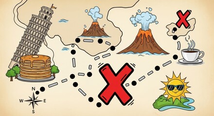 Cartoon Treasure Map with Landmarks, Volcanoes, and Pancakes