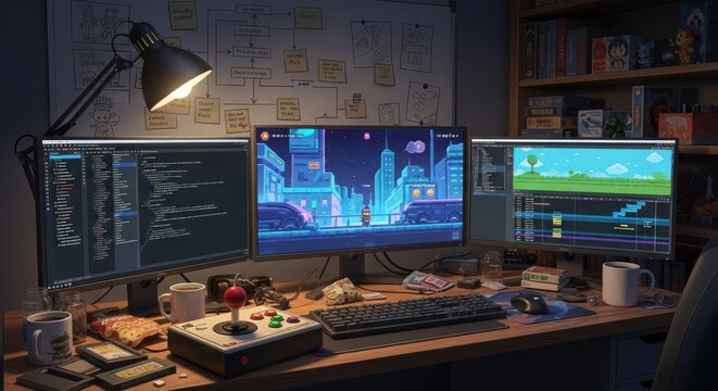 Nighttime Game Developer's Workstation: Triple Monitor Setup with Retro Joystick and Pixel Art Game Design - Powered by Adobe