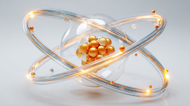 igh-resolution 3D rendering of an atomic model, nucleus with protons and neutrons in the center, orbiting electrons represented by glowing trails, realistic lighting and soft shadows