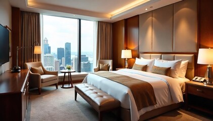 Luxurious hotel suite with a king-size bed, plush furnishings, and a stunning city view from the large window Perfect for a romantic getaway or business trip , swimming pool, furnishings, interior