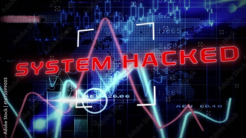 Poster animation of digital interface and system hacked text over dark background
