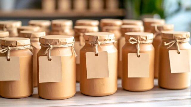 Rows of Beige Product Jars with Blank Labels and Twine Tied on Wooden Tabletop in Soft Daylight