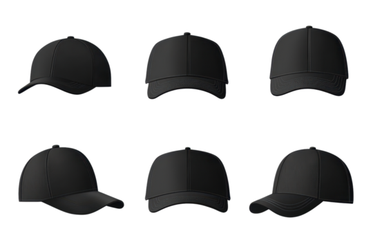 Collection of black baseball caps displayed in various angles showcasing a uniform style and design in a minimalistic presentation