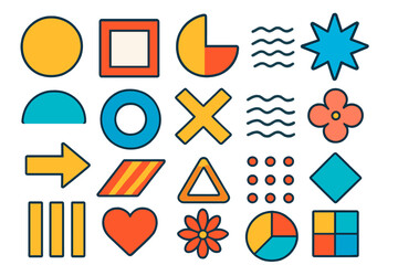 Set of colorful geometric shapes and symbols. Modern abstract minimalist design elements. Retro pop art vector icon collection for graphic design. Circle, square, heart.