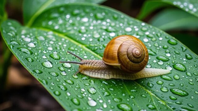 A Close-up Encounter with Nature: A Beautiful Snail Gliding on a Leaf Covered in Raindrops, Showcasing the Delicate Beauty of Forest Life and Microecosystems