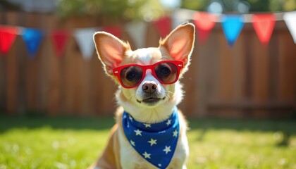 Chihuahua dog wears red sunglasses and star-spangled bandana. Festive outdoor setting with red, white, blue bunting flags. Celebrate Fourth of July with your pet. Fun, safe pet care tips for holidays.
