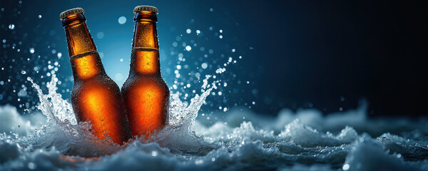 Two chilled beer bottles splash into water, celebrating National Root Beer Float Day. Condensation, water spray create dynamic movement against deep blue background with bokeh lights. Festive scene