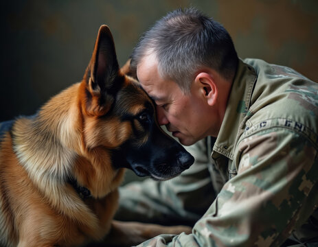 Veteran in camouflage uniform finds solace with loyal German Shepherd service dog. Dog offers unconditional support, calming presence during moment of distress, symbolizing resilience and healing.