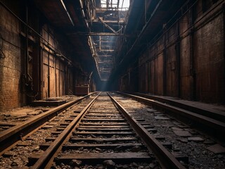 Naklejka premium Abandoned Industrial Mine Shaft With Rusted Railway Tracks