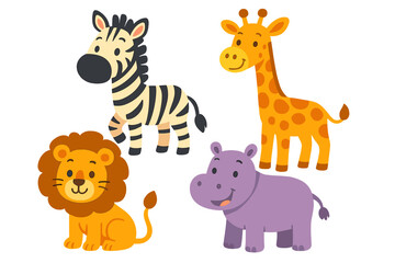Cute cartoon safari animals set. Collection of funny characters: lion, giraffe, zebra, hippopotamus. Childish vector illustration for kids design, baby shower, posters.
