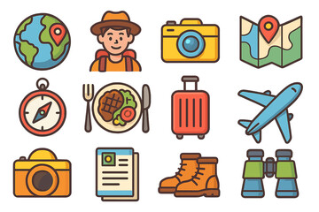 Travel icon set. Tourism, vacation, and adventure concept. Vector cartoon illustration of hiker, globe, map, compass, luggage, passport, food, camera, airplane, boots.