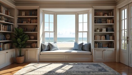 Elegant home office with bookshelves, cozy window seat offers tranquil seaside view, perfect for remote work, online meetings. Serene workspace combines comfortable seating with calming,