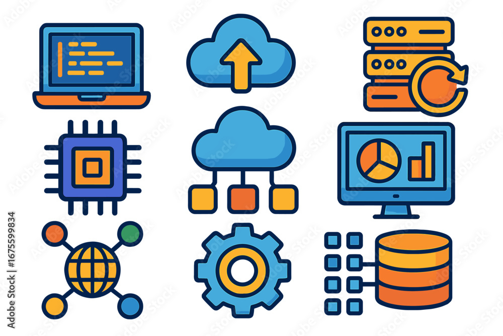 Aufkleber technology icon set for cloud computing, data processing, server backup, and big data analytics. vec