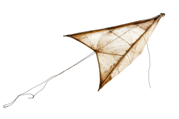 Antique kite with transparent fabric and aged wooden frame, displayed against a white background, revealing its intricate design and craftsmanship