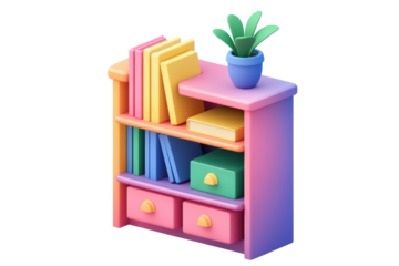 Colorful bookshelf icon displaying an array of neatly arranged books and decorative elements in a vibrant and inviting design suitable for various creative applications