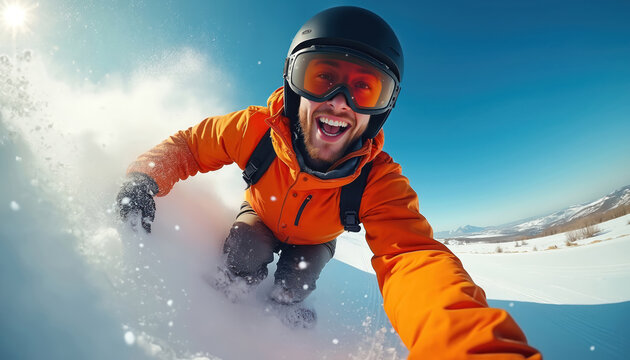 Man enjoys thrilling snow sledding with wide smile, wearing orange jacket and helmet. Fish-eye lens captures high-energy winter sport with clear blue skies and snowy mountain landscape.
