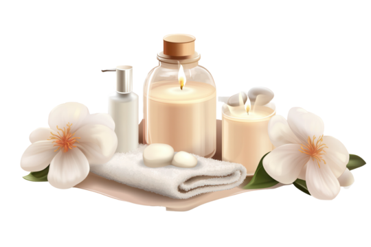 Spa essentials including candles, towels, and floral accents for a relaxing day spa atmosphere in a low-resolution design