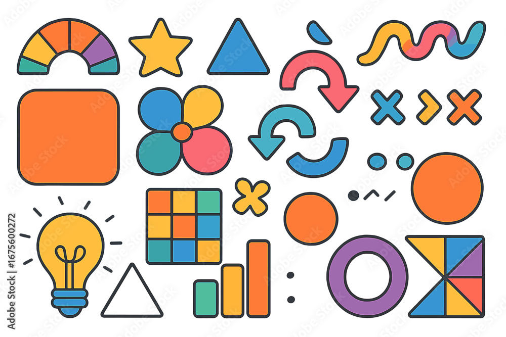 Poster set of colorful geometric shapes and abstract symbols. collection for modern design, creativity, and