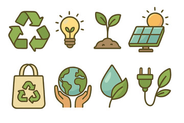 Sustainability vector icons set. Eco friendly symbol collection. Green energy, recycle, solar panel, reusable bag, water conservation, planet earth care. Ecology cartoon graphics.