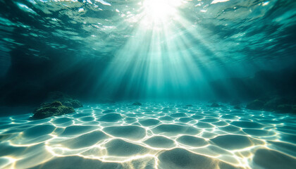 Fototapeta premium Underwater shot of the ocean floor with sunlight patterns. 
