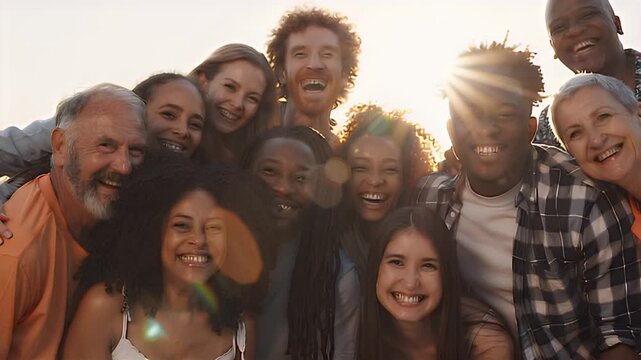 A multicultural group portrait (African, Latino, European, Asian, Middle Eastern) smiling together in warm sunlight, diverse ages and backgrounds
