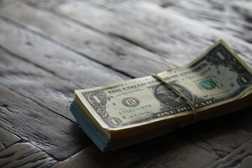 Stack of US Dollar Bills on Wooden Surface - Money, Finance, Cash, Wealth, Currency