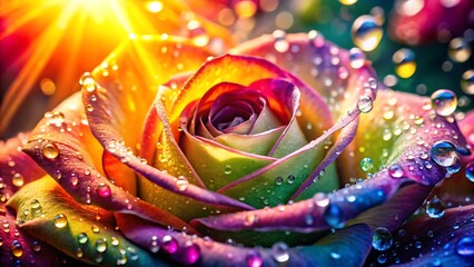 Vibrant Rainbow Rose with Dewdrops: Close-up Macro Photography, Lush, Colorful, and Romantic