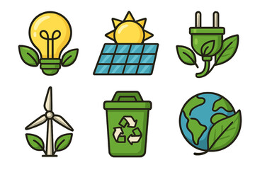 Sustainable energy icon set. Green technology and eco friendly concept. Vector symbols for solar panel, wind turbine, recycling, and planet earth care. Renewable power sources.