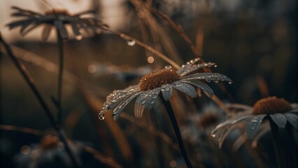 Dew-Kissed Daisies at Golden Hour:  Close-up Macro Photography of White Flowers in Soft, Warm Light.