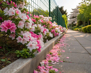A vibrant pathway in a park lined with beautiful pink and white azalea blossoms.