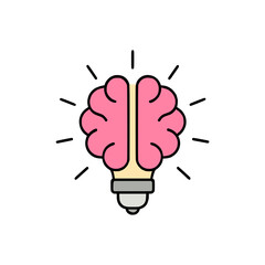 Brain Light Bulb Icon, symbolizing ideas, innovation, and intelligence. Rays of light emanate from the top.
